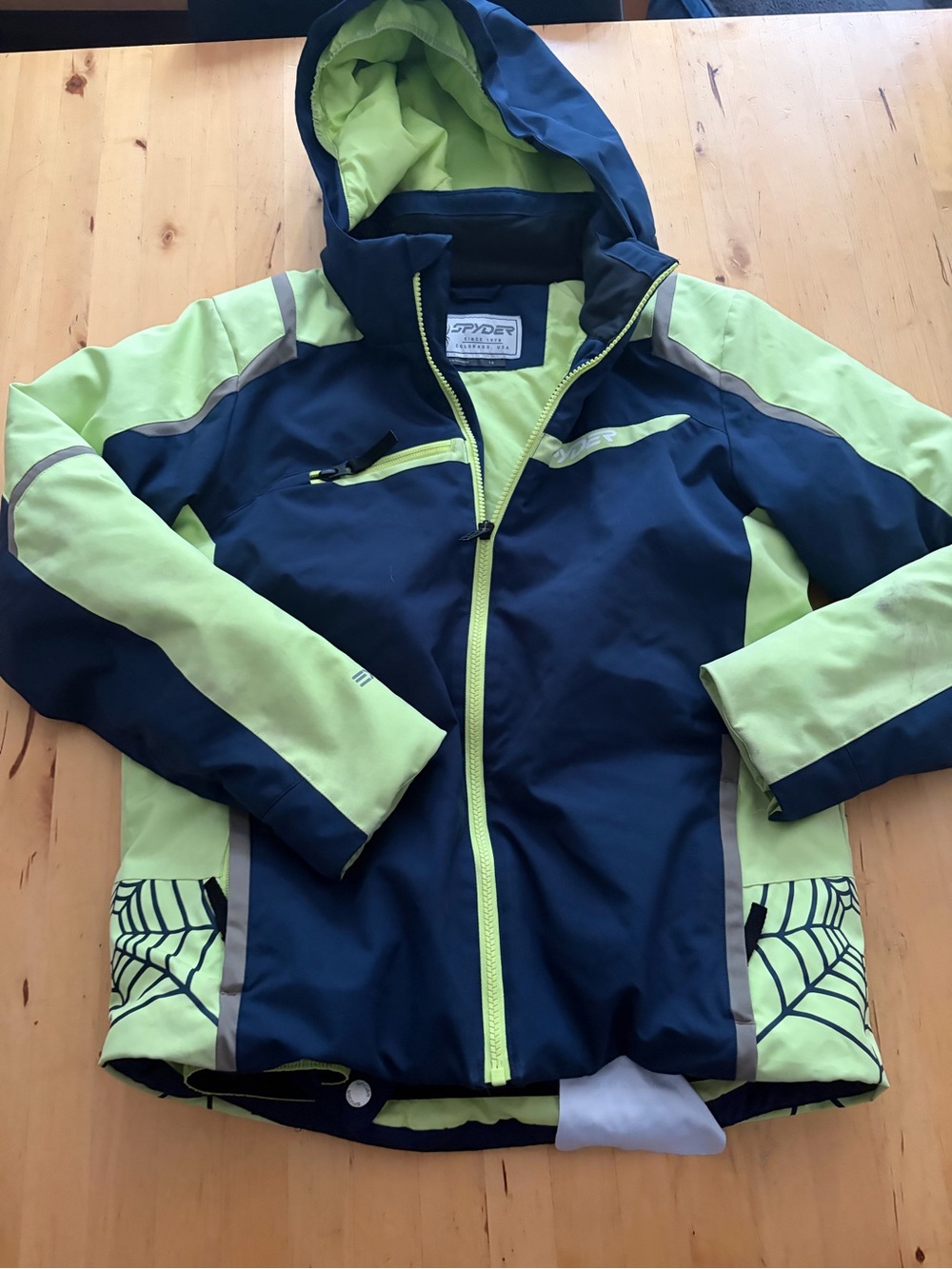Spyder Kids' Hooded Ski Jacket in Navy and Neon Lime